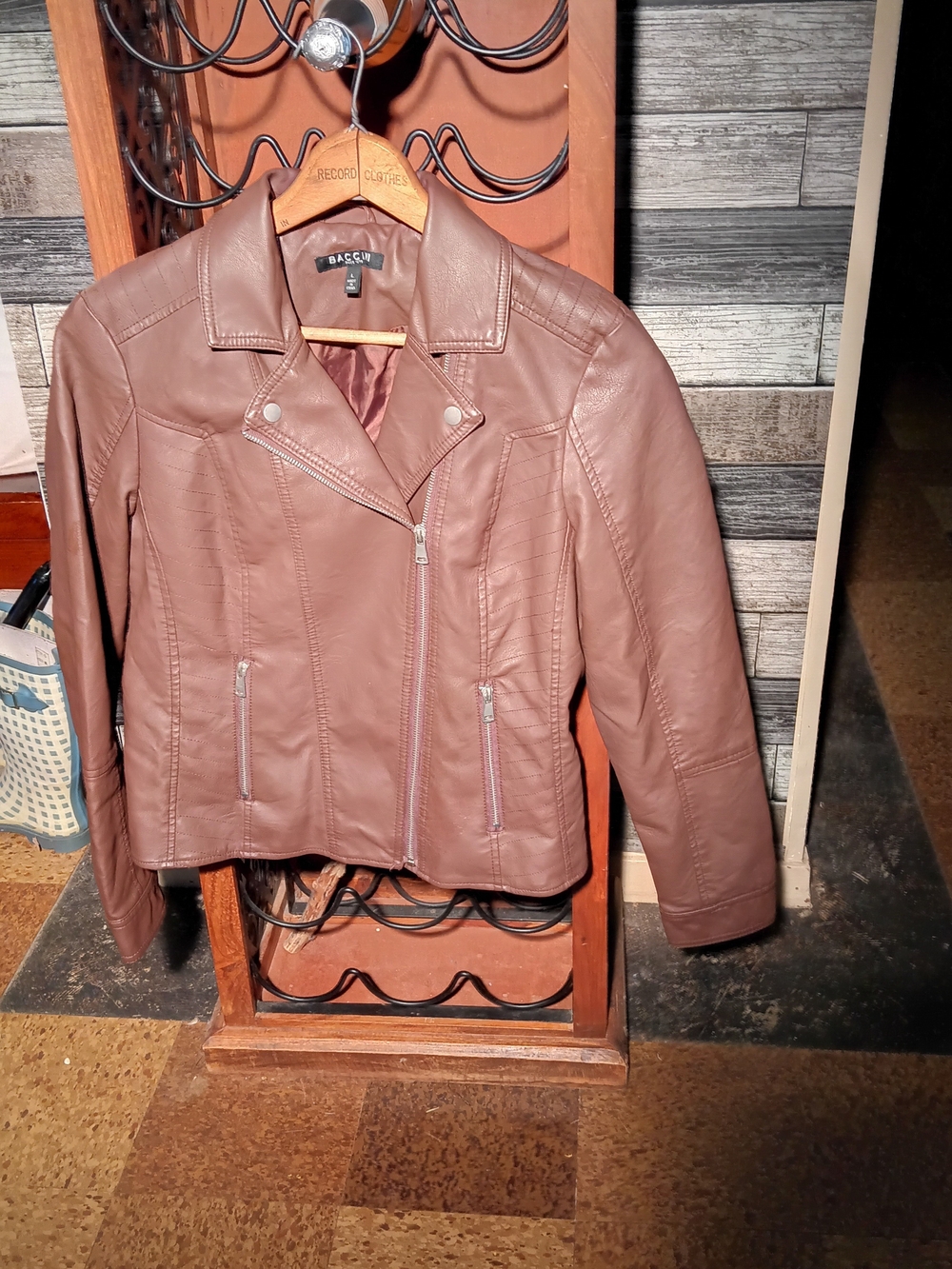 Baccini Taupe Brown Faux Leather Moto Jacket